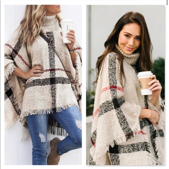 Plaid Beige Turtleneck Poncho - Picture 3 of 5